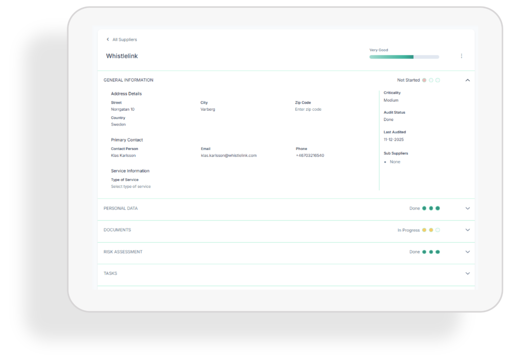 Trustlinks supplier assessment screen for evaluating supplier compliance