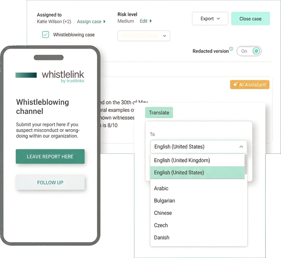 Canalul de avertizare Whistlelink pe un telefon, cu ecrane de gestionare a cazurilor și de traducere