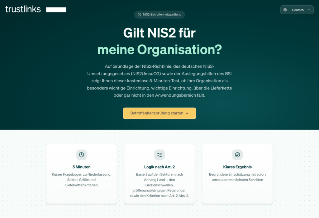 Kostenlose NIS2-Betroffenheitsprüfung von Trustlinks